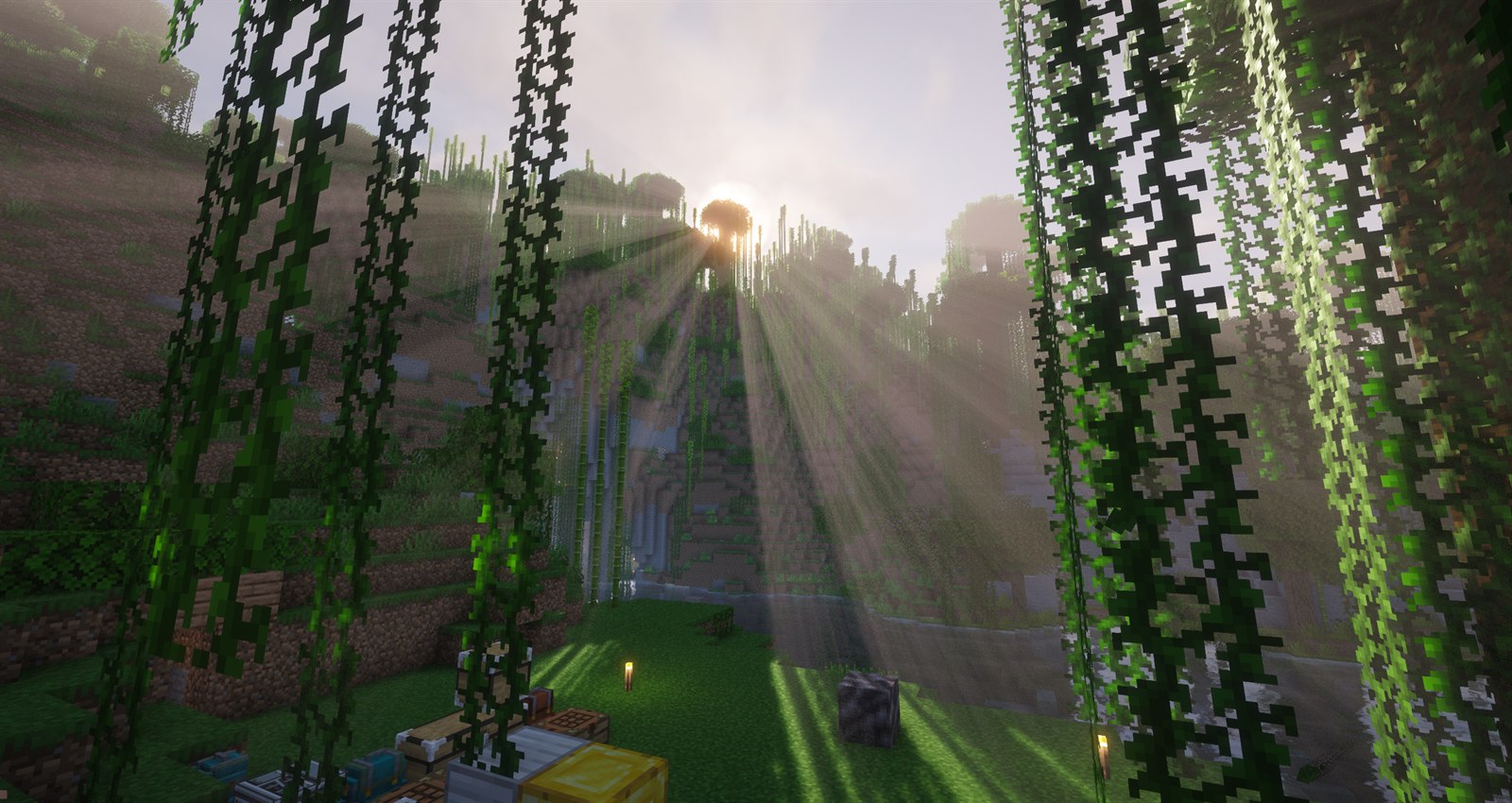 Sunbeams shining through vines across a lush Minecraft jungle valley