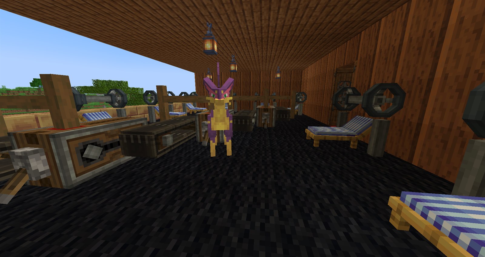 A colourful creature standing inside a timber Minecraft workshop filled with machinery and workbenches